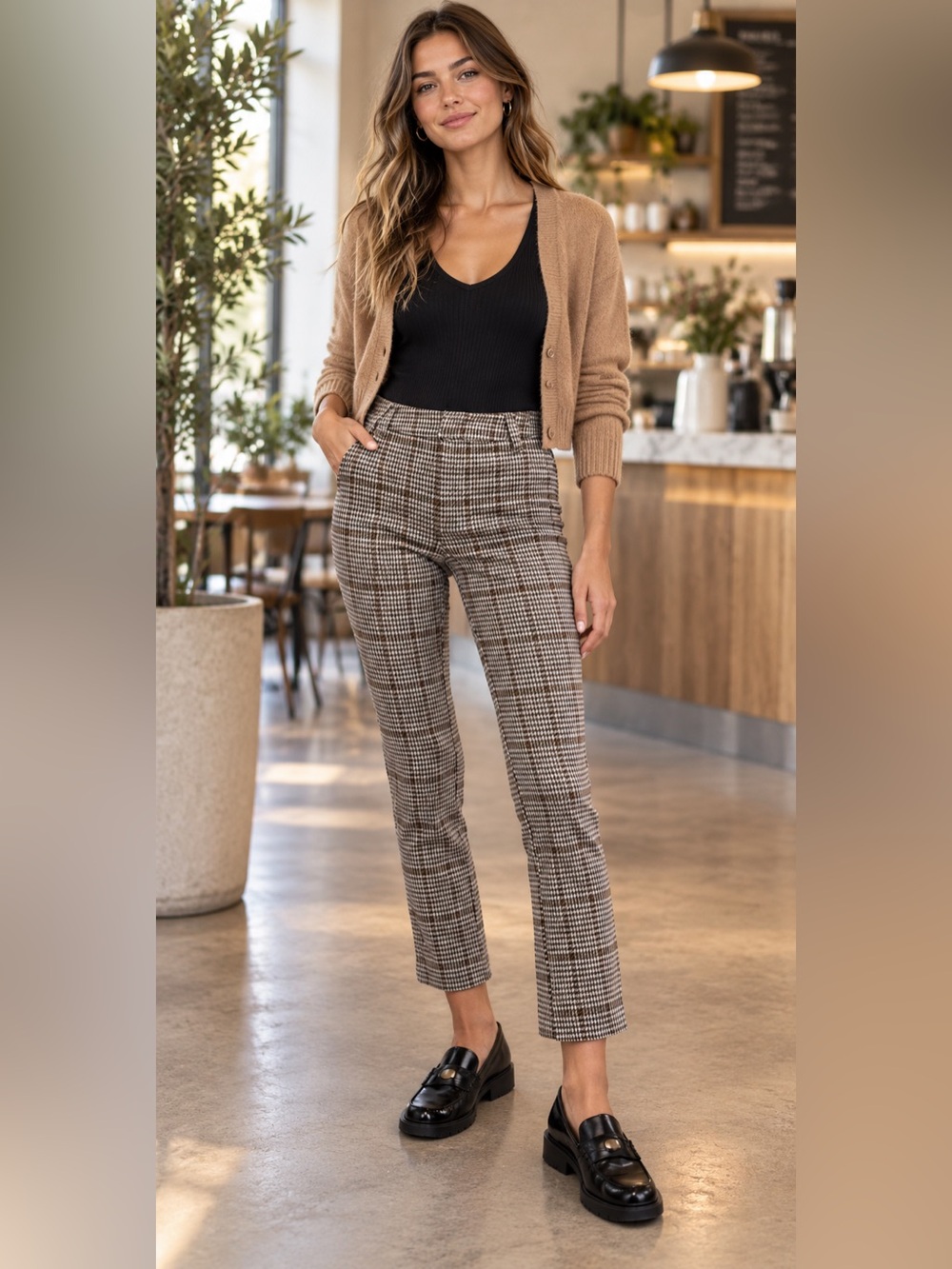 Free People Molly Slim Plaid Pants Neutral Combo